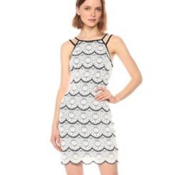NWT Guess Los Angeles Black & White Scallop Crochet Mini Dress, Size 4 - Picture 1 of 16